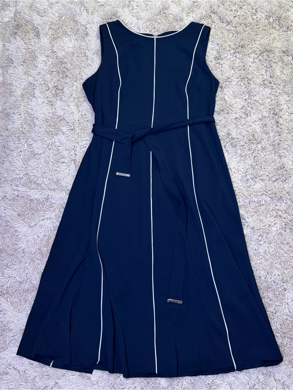 DKNY Navy White Piping Belted Fit Flare Midi Dress Size 16 Sleeveless